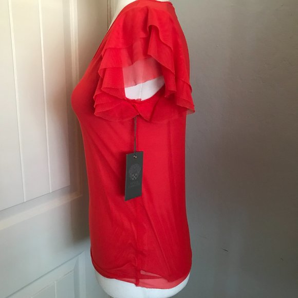 Vince Camuto Flutter Cap Sleeve Mesh Overlay Bright Coral V-Neck Top NWT Small - Picture 5 of 10